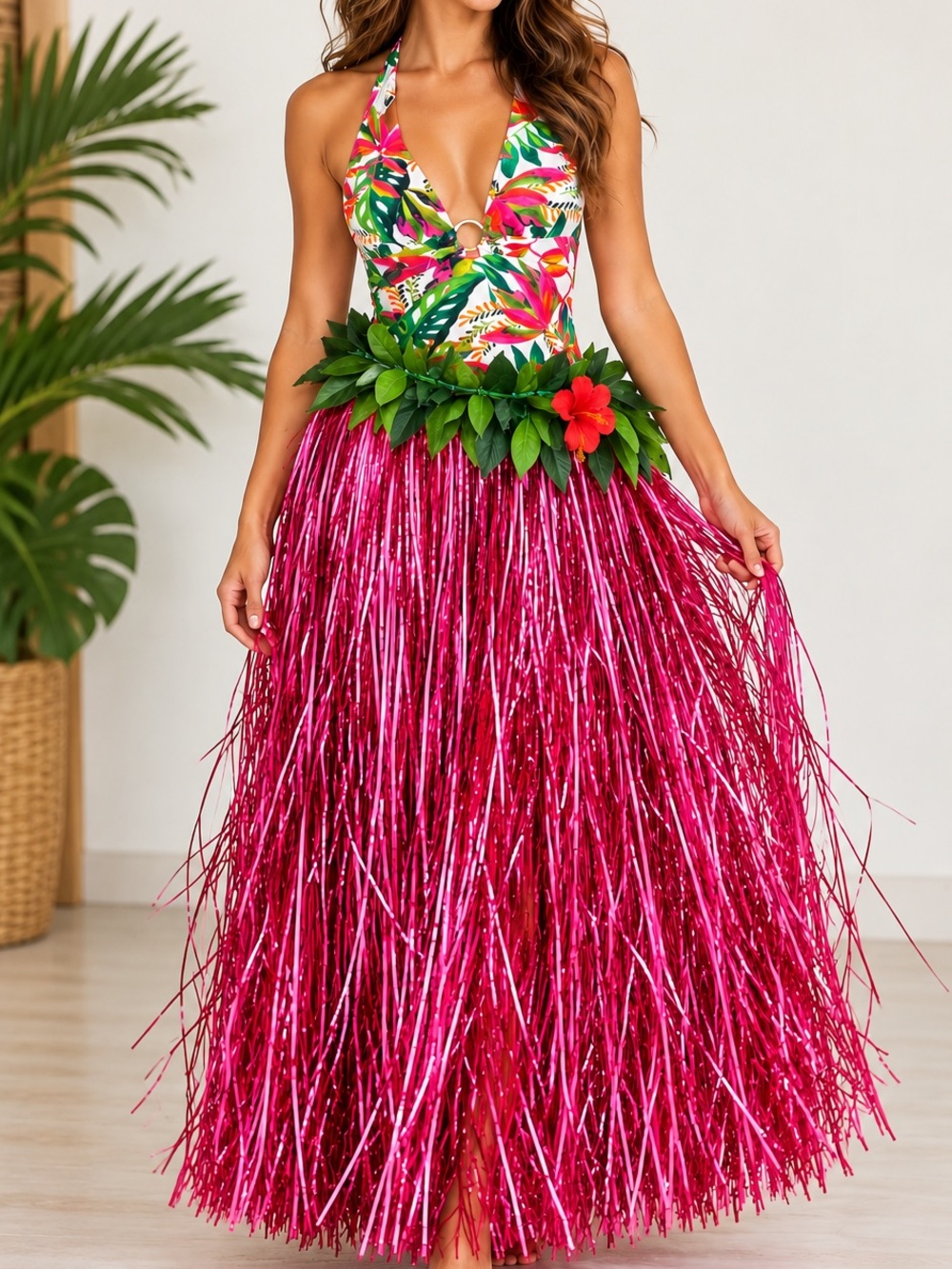 Hula Costume Pink MetallicGrass Skirt + New Sofia Vergara Swimsuit + Lei Belt